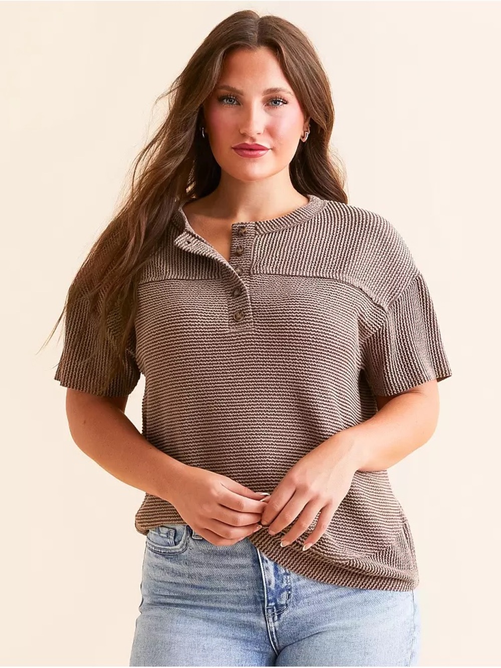 🐐 BKE Buckle Women’s Urban Ribbed Henley Knit Top Peppercorn Brown - XL